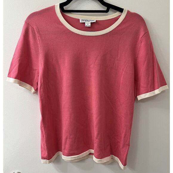 Pendleton Short Sleeve Top & Cardigan Sweater Set Women's Size M Pink White Trim - Picture 3 of 5